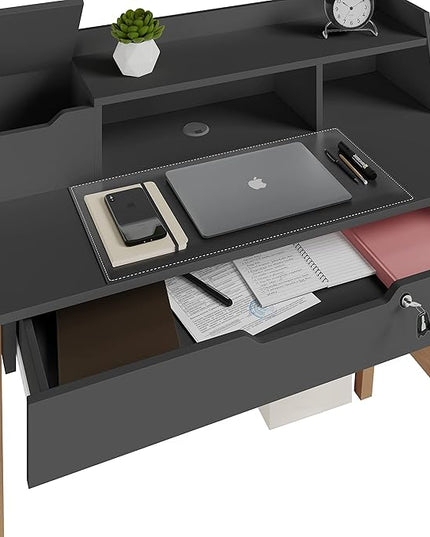 Roma Writing Desk - Elegant Wood Study Desk With Storage, Cable Holes & Drawers - Work Table for Home, Office, Dorm, Small Spaces - Compact Black Desk, 40x19x36.9” (black) - LeafyLoom