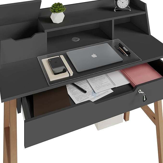 Roma Writing Desk - Elegant Wood Study Desk With Storage, Cable Holes & Drawers - Work Table for Home, Office, Dorm, Small Spaces - Compact Black Desk, 40x19x36.9” (black) - LeafyLoom