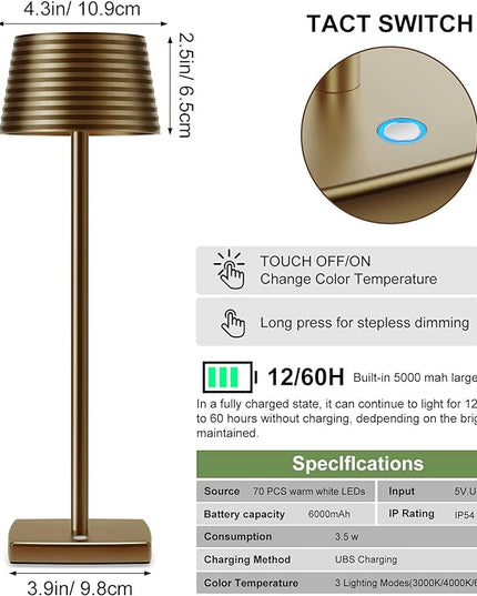 Rechargeable Cordless Table Lamp, Battery 5000mAh Metal Aluminum Housing USB LED Portable Powered Desk Lamp, 3 Levels Brightness Night Light for Restaurants Bars Outdoor (Titanium-2pack) - LeafyLoom