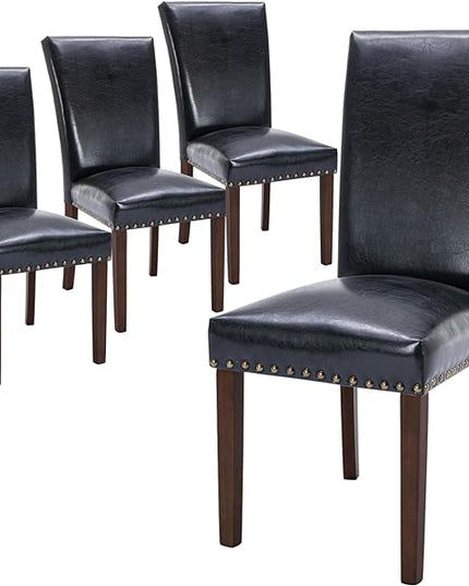 COLAMY Upholstered Parsons Dining Chairs Set of 4, PU Leather Dining Room Kitchen Side Chair with Nailhead Trim and Wood Legs - Black - LeafyLoom