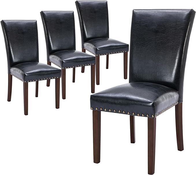 COLAMY Upholstered Parsons Dining Chairs Set of 4, PU Leather Dining Room Kitchen Side Chair with Nailhead Trim and Wood Legs - Black - LeafyLoom
