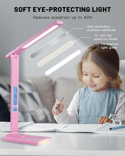 LED Desk Lamp Wireless Charger: Pink Office Table Lamps with USB Port, Reading Lamp for Home with Clock Alarm Temperature | Desk Light with Night Light, Eye-caring Smart Lamp for Dorm College - LeafyLoom