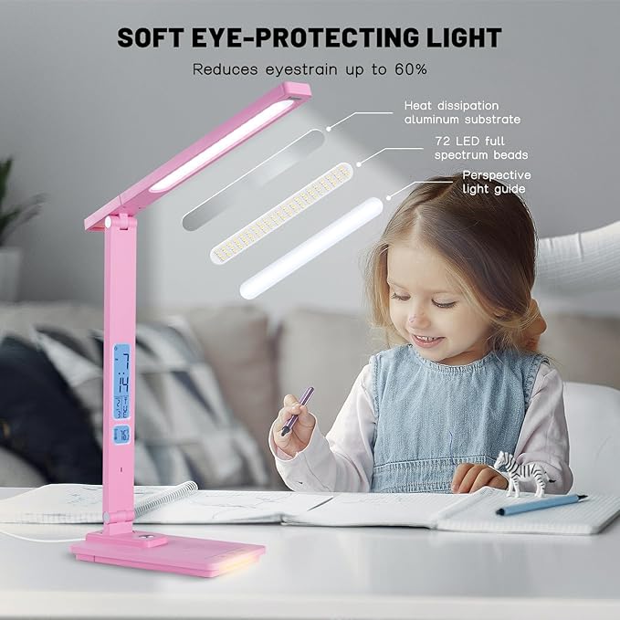 LED Desk Lamp Wireless Charger: Pink Office Table Lamps with USB Port, Reading Lamp for Home with Clock Alarm Temperature | Desk Light with Night Light, Eye-caring Smart Lamp for Dorm College - LeafyLoom