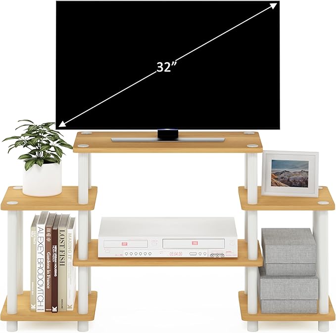 Furinno Turn-N-Tube No Tools Entertainment TV Stands, Beech/White, Square Corner - LeafyLoom