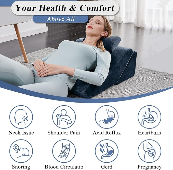 Axelrod Bed Wedge Pillow Set Foam | Adjustable Pillows for Back, Leg and Knee Pain Relief | Post Surgery Ortho Pillow – Anti Snoring, Heartburn, Acid Reflux & GERD- Indigo - LeafyLoom