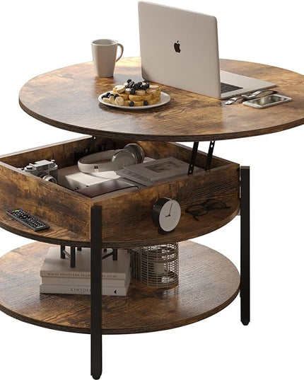 FABATO Round Lift Top Coffee Table with Storage and Hidden Compartment, 26.77'' Farmhouse Coffee Table for Living Room Reception Room, 2 Tier Small Round Coffee Table Circle Dining Table, Rustic Brown - LeafyLoom