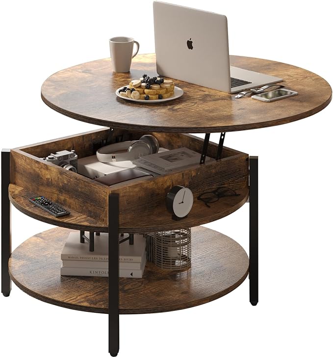 FABATO Round Lift Top Coffee Table with Storage and Hidden Compartment, 26.77'' Farmhouse Coffee Table for Living Room Reception Room, 2 Tier Small Round Coffee Table Circle Dining Table, Rustic Brown - LeafyLoom