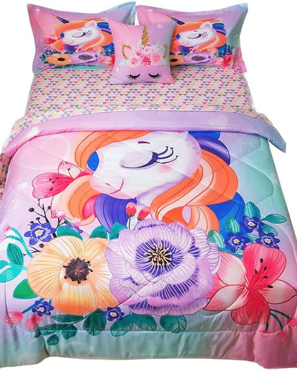 ADASMILE A & S Unicorn Bedding Twin for Girls Unicorn Bed Set Pink Unicorn Comforter Set Twin 6Pieces Girls Bed in A Bag Comforter with Hearts Sheets Reversible Unicorn Bed Sheets Home Unicorn Decor - LeafyLoom