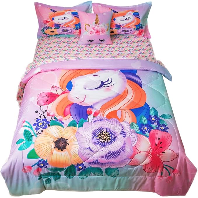 ADASMILE A & S Unicorn Bedding Twin for Girls Unicorn Bed Set Pink Unicorn Comforter Set Twin 6Pieces Girls Bed in A Bag Comforter with Hearts Sheets Reversible Unicorn Bed Sheets Home Unicorn Decor - LeafyLoom