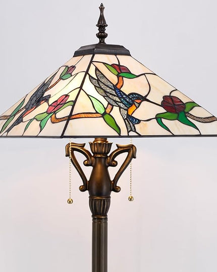 Tiffany Floor Lamp Mission Style Stained Glass Standing Reading Light 16X16X64 Inch Amber Hummingbird - LeafyLoom