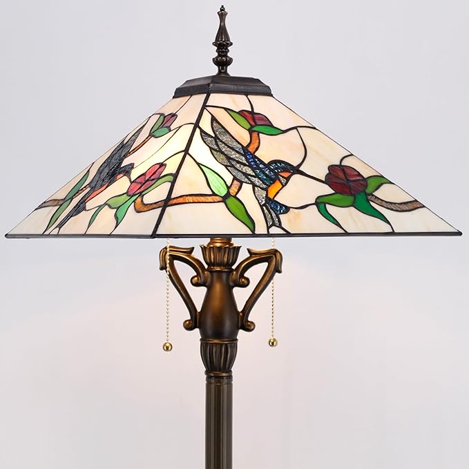 Tiffany Floor Lamp Mission Style Stained Glass Standing Reading Light 16X16X64 Inch Amber Hummingbird - LeafyLoom