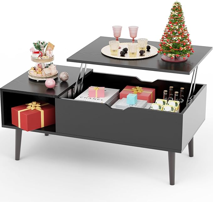 Sweetcrispy Coffee Table, Lift Top Coffee Tables for Living Room, Small Rising Wooden Dining Center Tables with Hidden Storage Compartment, Black - LeafyLoom