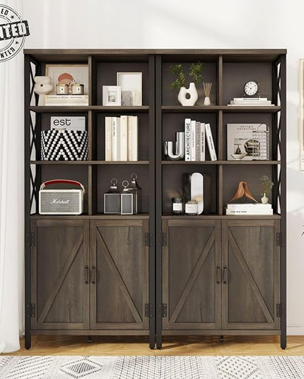 FATORRI Bookshelf with Doors, Rustic Wood Bookcase with Cabinet, Industrial Tall Cubby Book Shelf and Cube Organizer Shelf for Living Room (Walnut Brown) - LeafyLoom
