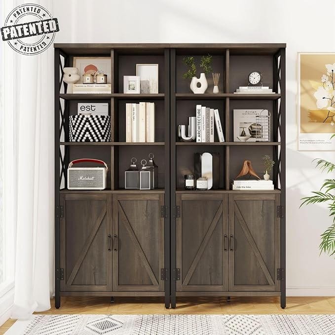 FATORRI Bookshelf with Doors, Rustic Wood Bookcase with Cabinet, Industrial Tall Cubby Book Shelf and Cube Organizer Shelf for Living Room (Walnut Brown) - LeafyLoom