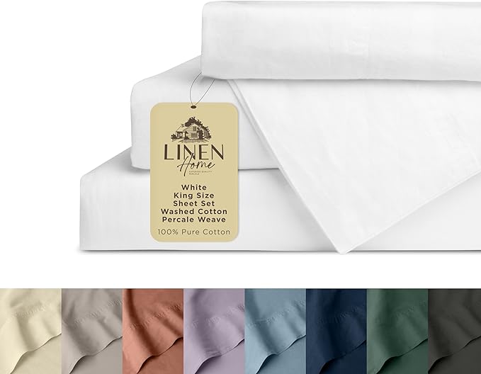 Linen Home Washed Cotton Percale King Sheet Set, White, Deep Pocket, 4 Pieces Bed Sheets - 1 Flat Sheet, 1 Fitted Sheet & 2 Envelope Closure Pillowcases, Cool and Comfortable Bed Linen - LeafyLoom
