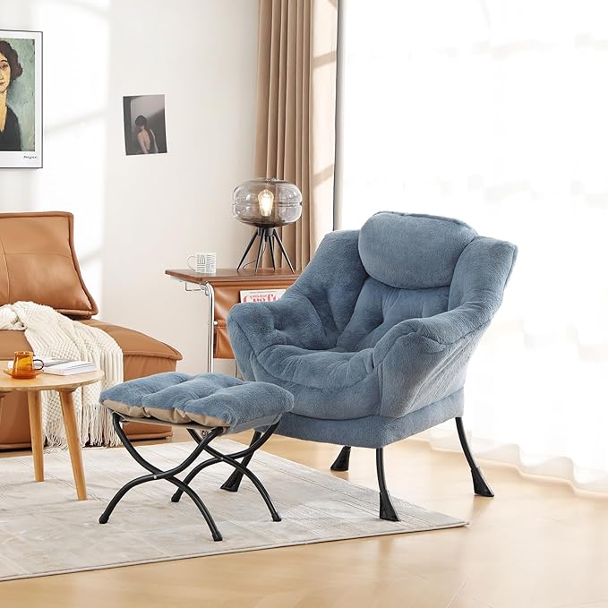 Cozy Lazy Chair and Ottoman, Large Contemporary Accent Lounge Chair Set, Leisure Upholstered Reading Armchair for Bedroom, Living Room, Dorm Rooms, Office - LeafyLoom