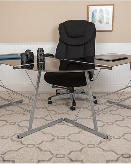 Flash Furniture Ginny L-Shaped Desk 83.5" Computer Corner Desk, Gaming Corner Desk, Home Office Corner Desk, Gaming Desk, Space Saving, Easy to Assemble, Black - LeafyLoom
