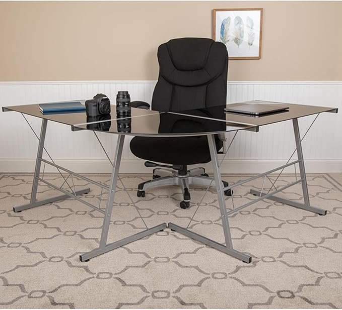 Flash Furniture Ginny L-Shaped Desk 83.5" Computer Corner Desk, Gaming Corner Desk, Home Office Corner Desk, Gaming Desk, Space Saving, Easy to Assemble, Black - LeafyLoom