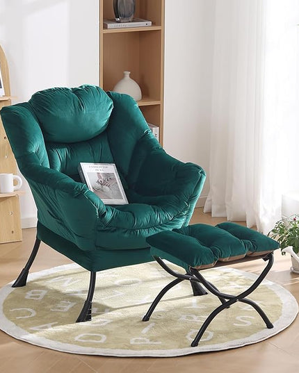 Oversized Chair with Ottoman, Modern Chair with Folding Footrest, Lounge Accent Chair, Comfortable Reading Chair for Bedroom, Study, Living Room, Courtyard (Dark Green) - LeafyLoom