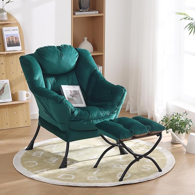 Oversized Chair with Ottoman, Modern Chair with Folding Footrest, Lounge Accent Chair, Comfortable Reading Chair for Bedroom, Study, Living Room, Courtyard (Dark Green) - LeafyLoom