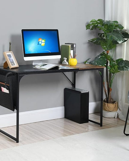 47 inch Study Storage Bag Space Saving for Home Office, Modern Simple Style PC Metal Frame Computer Desk, Writing Table, Black, Brown - LeafyLoom