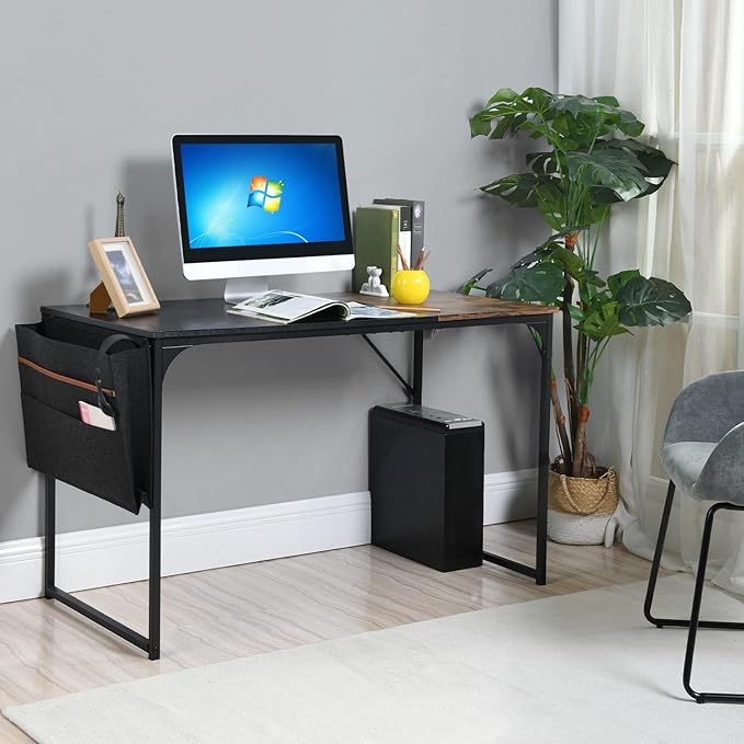 47 inch Study Storage Bag Space Saving for Home Office, Modern Simple Style PC Metal Frame Computer Desk, Writing Table, Black, Brown - LeafyLoom