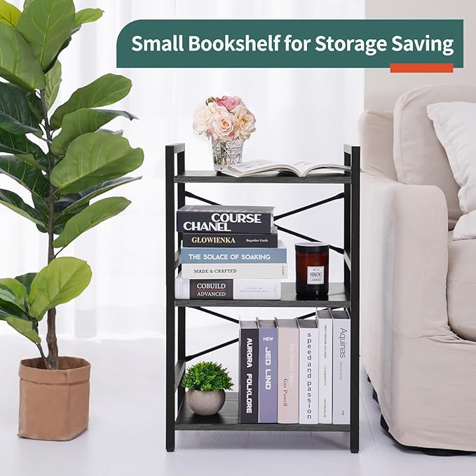 Yoobure Bookshelf Small Book Shelf, Solid Industrial 3 Tier Shelf Bookcase, Short Book Case for Bedroom, Living Room, Office Home, Small Spaces, Charcoal Gray - LeafyLoom