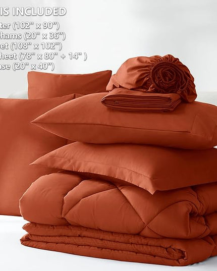 CozyLux King Comforter Set with Sheets 7 Pieces Bed in a Bag Burnt Orange All Season Bedding Sets with Comforter, Pillow Shams, Flat Sheet, Fitted Sheet and Pillowcases - LeafyLoom