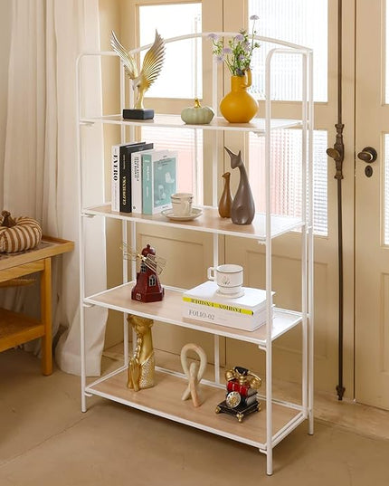 No Assembly Folding Bookshelf, 4 Tier White Bookshelf, Metal Book Shelf for Storage, Folding Bookcase for Office Organization and Storage, 12.87" D x 30.9" W x 55.71" H - LeafyLoom