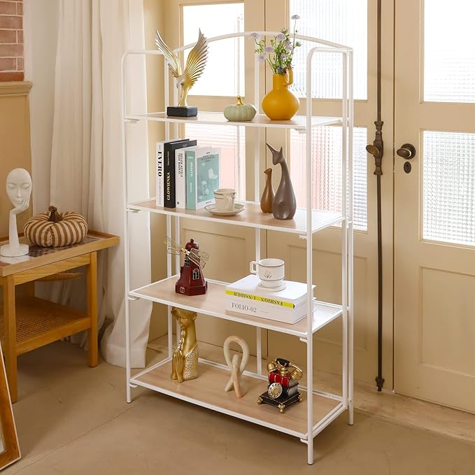 No Assembly Folding Bookshelf, 4 Tier White Bookshelf, Metal Book Shelf for Storage, Folding Bookcase for Office Organization and Storage, 12.87" D x 30.9" W x 55.71" H - LeafyLoom