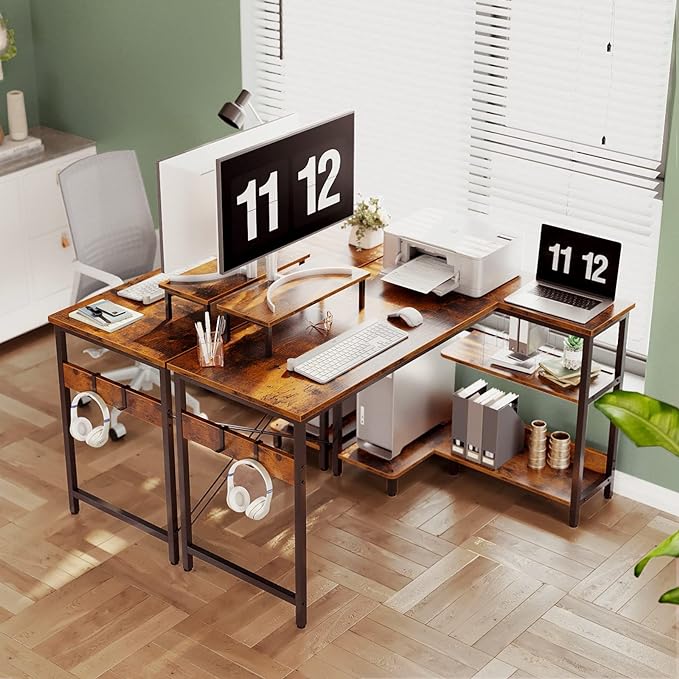 ODK L Shaped Computer Desk with Storage Shelves, 47 inch L-Shaped Corner Desk with Monitor Stand for Small Space, Modern Simple Writing Study Table for Home Office, Rustic Brown - LeafyLoom