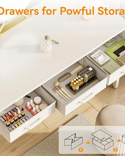 AODK Vanity Desk without Mirror, Makeup Vanity with 3 Fabric Drawers, White Vanity Desk Dressing Vanity Table with Charging Station, 54 Inch Large Girl Vanity, Desk Make Up Vanity for Girls, White - LeafyLoom
