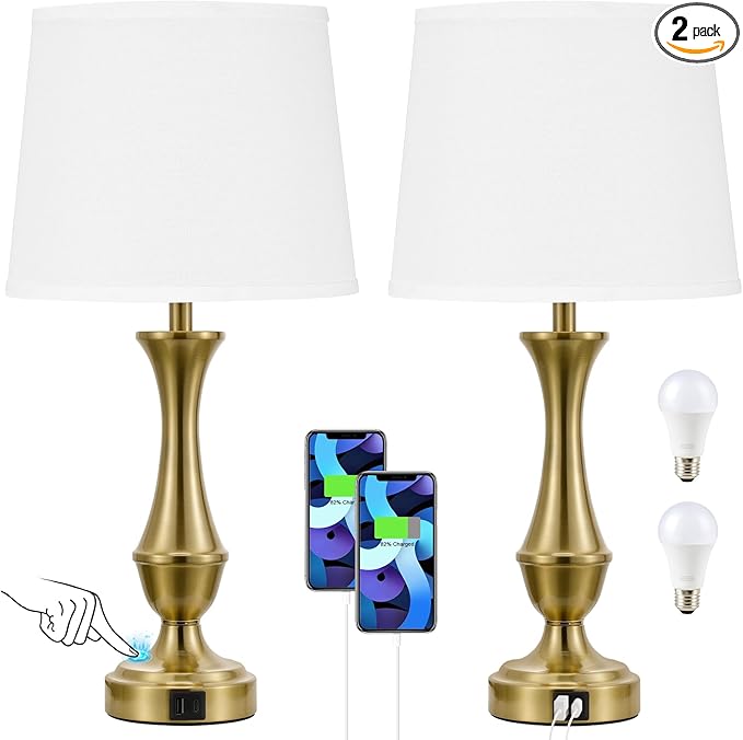 Touch Lamps for Bedrooms Set of 2 - Nightstand Table Lamp with USB C+A, 3 Way Dimmable Bedside Lamps for Living Room End Tables Set of 2, Farmhouse Night Stand Lamps(White&Gold) - LeafyLoom