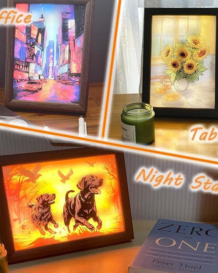 Bleetzwoods Upgraded Lighting Shadow Art Painting Decoration, Touch Control Color Change Light with Walnut Wood Photo Frame and USB Charging, Excellent Glowing Memoriable Present. (Black Labrador) - LeafyLoom