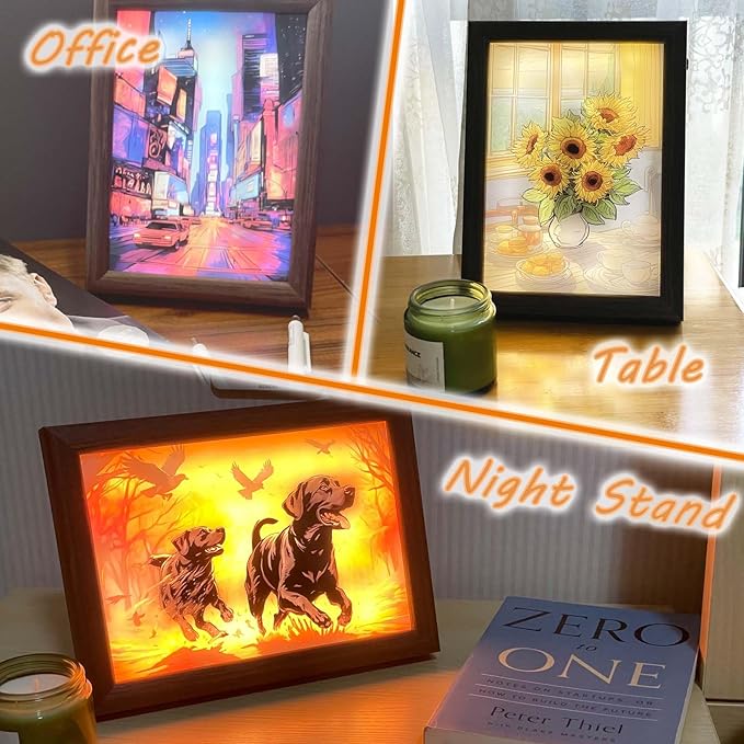 Bleetzwoods Upgraded Lighting Shadow Art Painting Decoration, Touch Control Color Change Light with Walnut Wood Photo Frame and USB Charging, Excellent Glowing Memoriable Present. (Black Labrador) - LeafyLoom