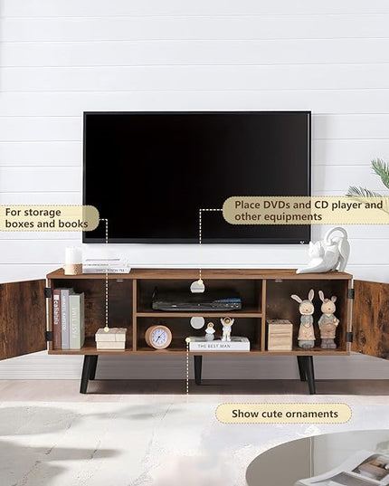 Iwell TV Stand for 55 Inch TV, TV Console with 2 Cabinets and Shelves, TV Stands for Living Room/Bedroom, Rustic Brown - LeafyLoom