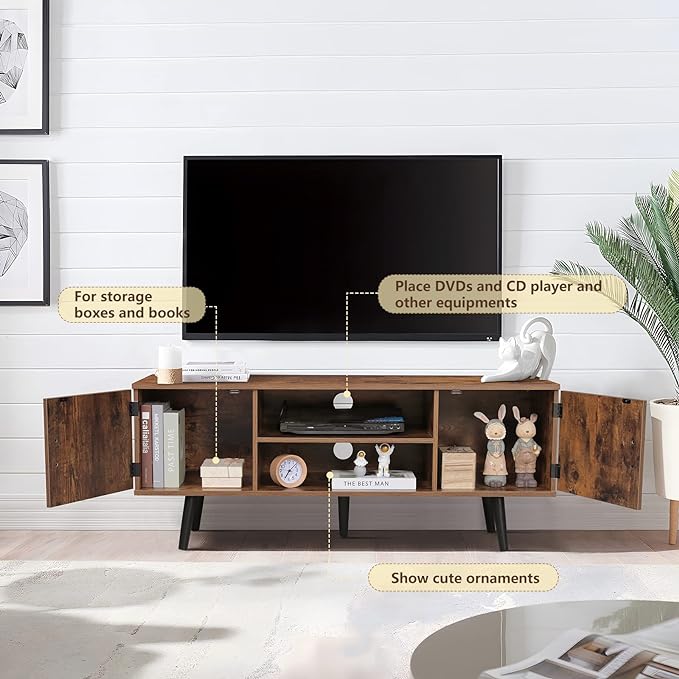Iwell TV Stand for 55 Inch TV, TV Console with 2 Cabinets and Shelves, TV Stands for Living Room/Bedroom, Rustic Brown - LeafyLoom
