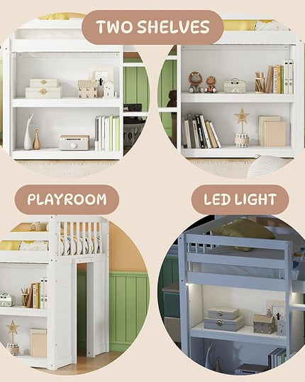 LED Twin Size Low Loft Bed for Kids,Twin Loft Bed with Storage Shelves,Kids Low Loft Bed Frame with LED Light,Space Saving, White - LeafyLoom