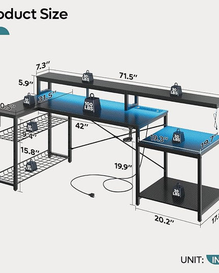 Bestier Gaming Desk with Power Outlets, 71.5 LED Computer Desk with Long Monitor Stand, Large L Shaped Corner Desk with Storage Shelf, Cup Holder Headset Hooks, Cool Desk for Gaming Room, Black - LeafyLoom