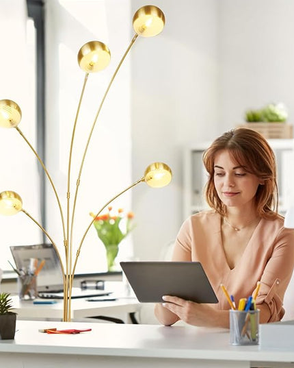 Depuley 5-Light Modern LED Floor Lamp, Adjustable Metal Tall Standing Lamps with Marble Base, Dimmable Spider Floor Lamps with Flexible Rotating Lights for Living Room(Gold, E12 Bulbs Included) - LeafyLoom