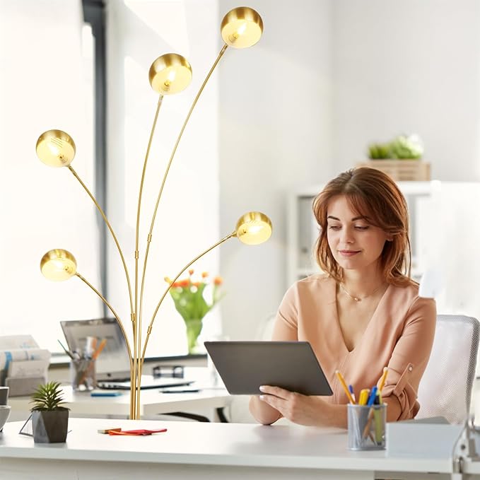 Depuley 5-Light Modern LED Floor Lamp, Adjustable Metal Tall Standing Lamps with Marble Base, Dimmable Spider Floor Lamps with Flexible Rotating Lights for Living Room(Gold, E12 Bulbs Included) - LeafyLoom