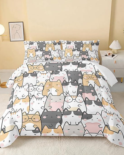 Kawaii Cat Comforter Queen Size,Cats Comforter Set for Kids Teens Girls Boys,3Pcs Bedding Set Printed Comforter with 2 Pillowcases,Down Alternative,Soft and Lightweight，Queen Size - LeafyLoom