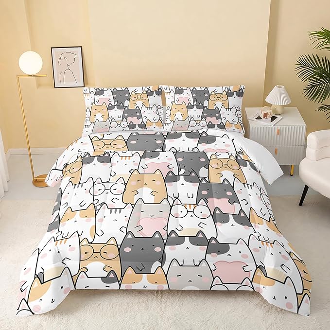Kawaii Cat Comforter Queen Size,Cats Comforter Set for Kids Teens Girls Boys,3Pcs Bedding Set Printed Comforter with 2 Pillowcases,Down Alternative,Soft and Lightweight，Queen Size - LeafyLoom