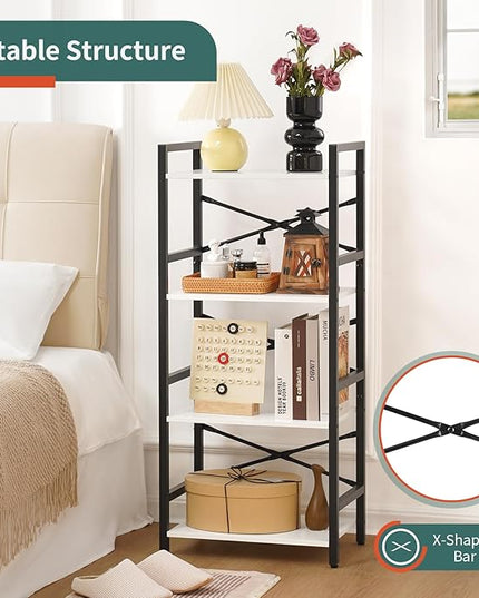 Yoobure 4 Tier Bookshelf - Small Book Shelf Industrial Bookcase, Narrow Book Case Book Storage Organizer for CD/Movie/Book, Bookshelves for Bedroom Office Living Room White - LeafyLoom