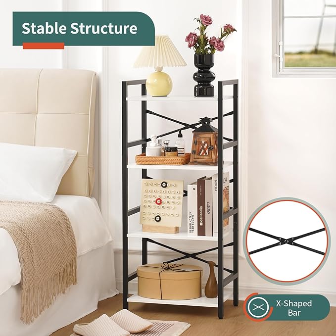 Yoobure 4 Tier Bookshelf - Small Book Shelf Industrial Bookcase, Narrow Book Case Book Storage Organizer for CD/Movie/Book, Bookshelves for Bedroom Office Living Room White - LeafyLoom