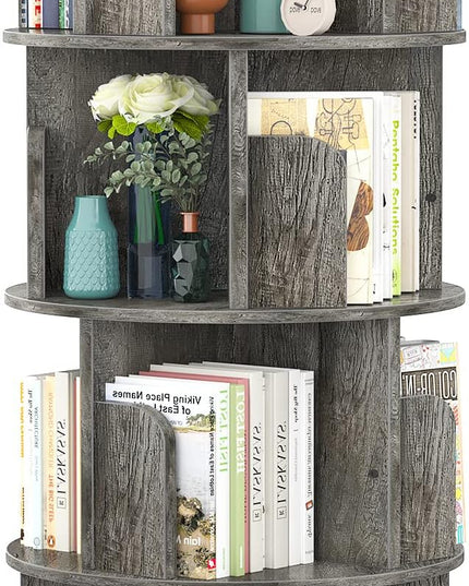 Aheaplus Rotating Bookshelf, 360 Display Corner Bookshelf for Small Space, 4 Tier Floor Standing Bookcase Storage Rack, Wood Narrow Book Shelf Organizer for Bedroom, Living Room, Study Room, Grey Oak - LeafyLoom