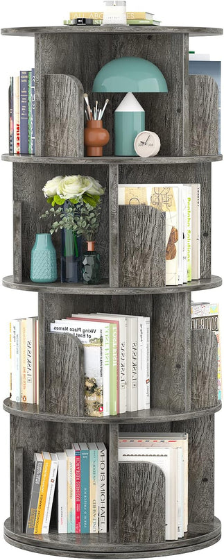 Aheaplus Rotating Bookshelf, 360 Display Corner Bookshelf for Small Space, 4 Tier Floor Standing Bookcase Storage Rack, Wood Narrow Book Shelf Organizer for Bedroom, Living Room, Study Room, Grey Oak - LeafyLoom
