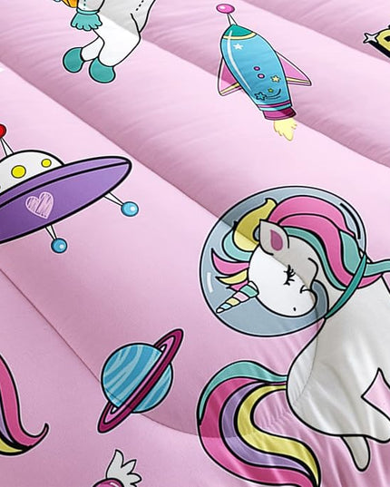 Kawaii unicorn Cat Comforter Set 3 Pieces Universe Galaxy Outer Space Bedding Set Astronaut Rocket Bed Quilt Set for Girls Boys Kids Pink - LeafyLoom