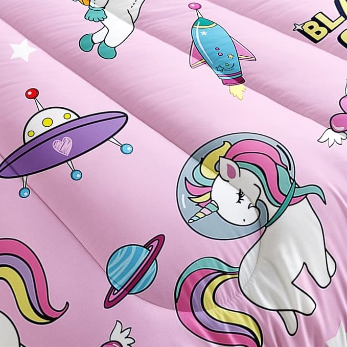 Kawaii unicorn Cat Comforter Set 3 Pieces Universe Galaxy Outer Space Bedding Set Astronaut Rocket Bed Quilt Set for Girls Boys Kids Pink - LeafyLoom