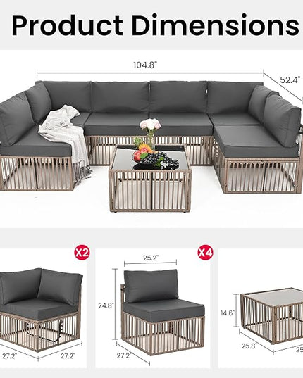 Pamapic 7 Pieces Outdoor Sectional Set, All-Weather PE Rattan Patio Conversation Set, Wicker Adjustable Patio Furniture Set with Washable Cushions Covers and Coffee Table, Brown Rattan, Gray Cushion - LeafyLoom